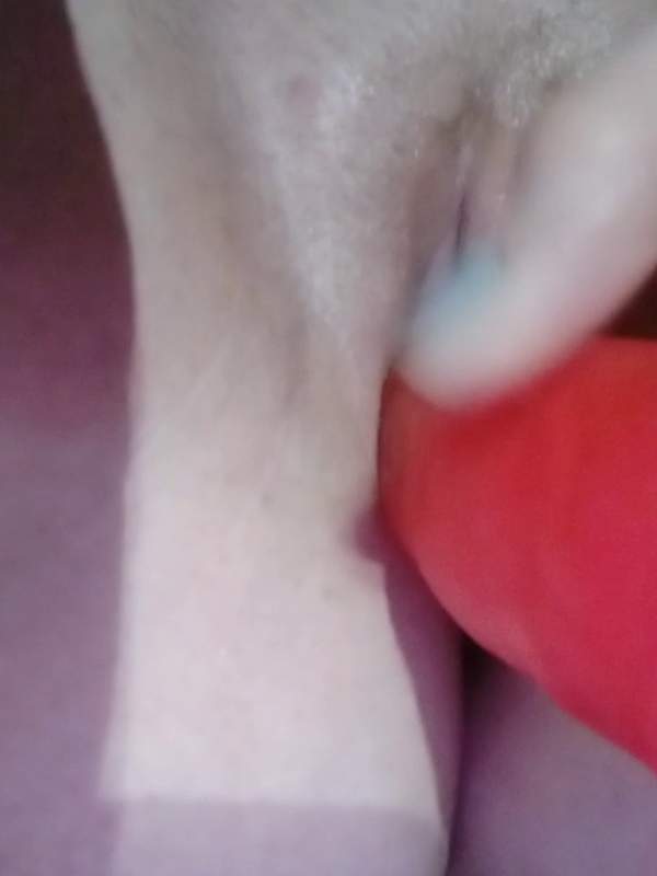 Roter Dildo wird in ihre feuchte Möse gesteckt
