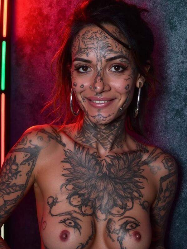 Tätowiertes Mädchen mit Nippelpiercing und Brille